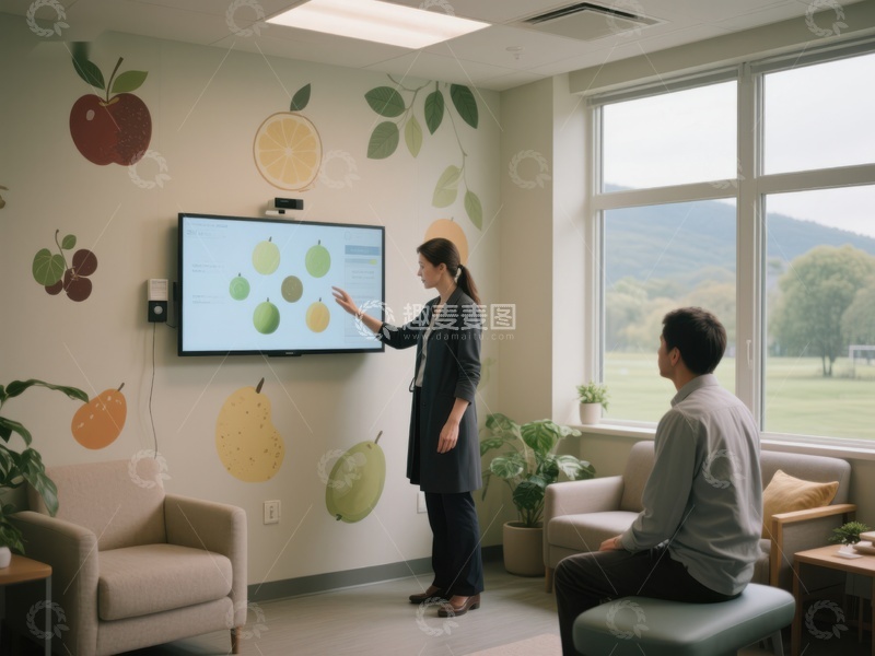 高清大图下载【趣麦麦图】室内互动讲解，墙上水果图案装饰