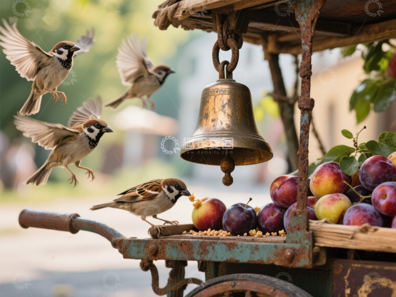 高清大图下载【趣麦麦图】小鸟围绕古铃与果篮