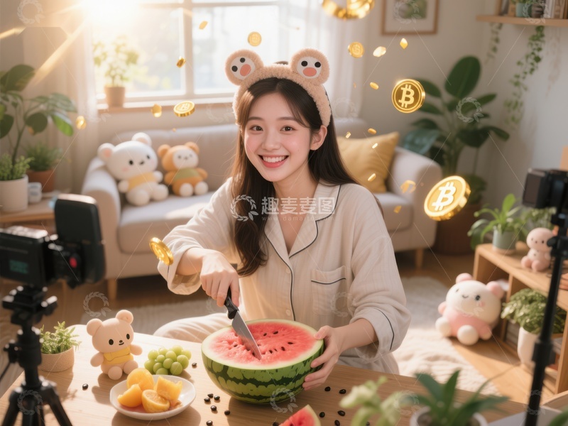 高清大图下载【趣麦麦图】直播切西瓜，温馨家居氛围