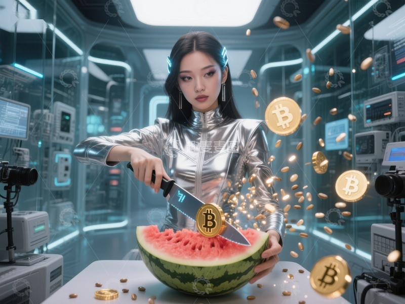 高清大图下载【趣麦麦图】未来科技场景中切割西瓜的女性