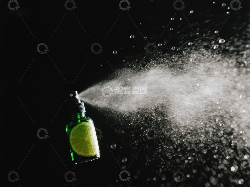 高清大图下载【趣麦麦图】喷雾瓶喷洒液体，背景为黑色
