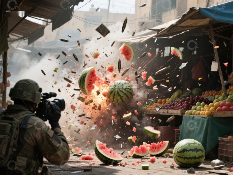 高清大图下载【趣麦麦图】市场爆炸瞬间，西瓜四溅