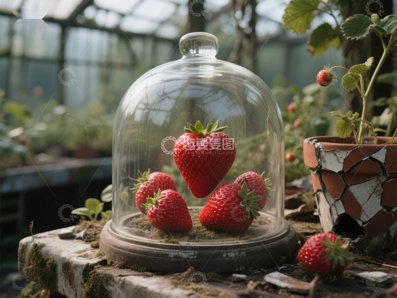 高清大图下载【趣麦麦图】玻璃罩下的新鲜草莓