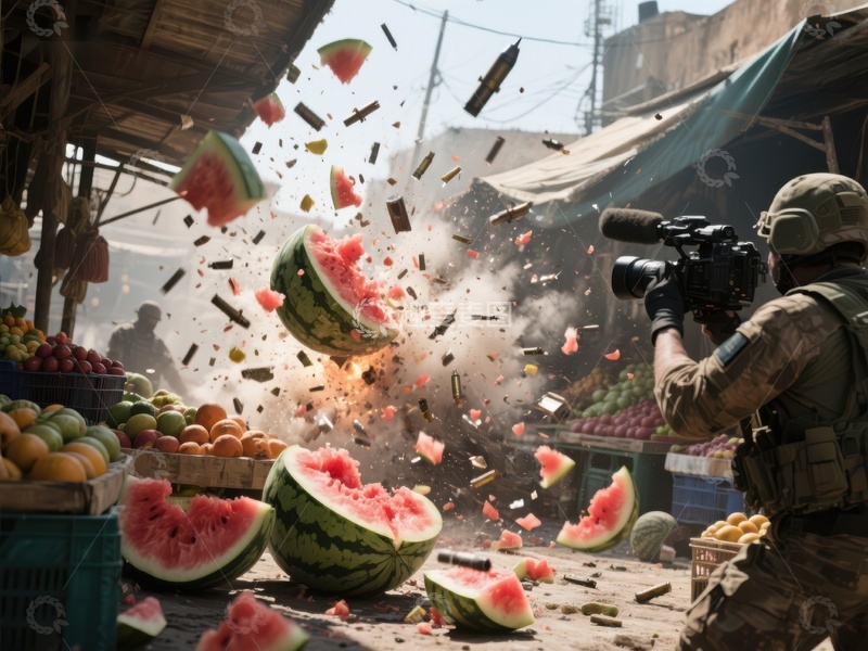 高清大图下载【趣麦麦图】市场爆炸瞬间，西瓜四溅