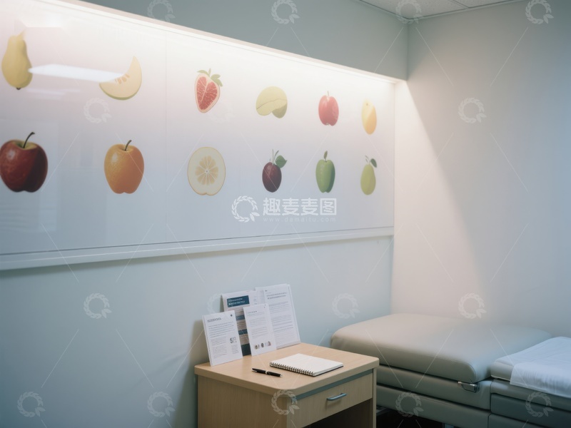 高清大图下载【趣麦麦图】医疗室内的水果装饰墙与检查床