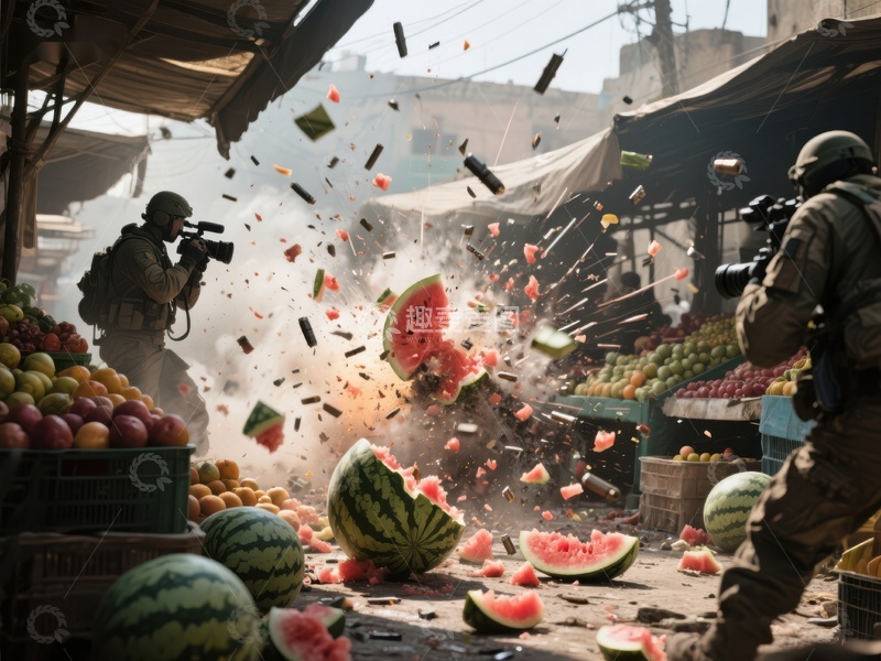 市场突袭：士兵与爆炸中的西瓜