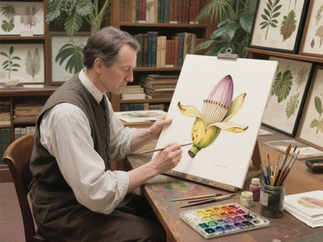画家专注绘制植物插图