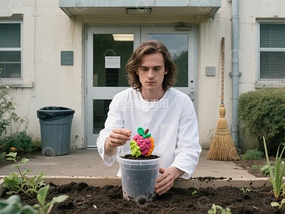 男子手持盆栽，种植彩色果实