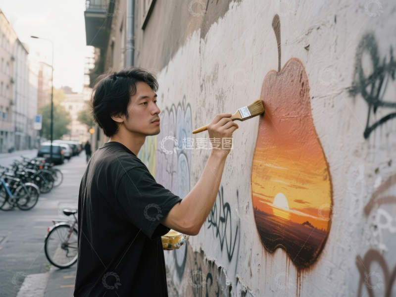 高清大图下载【趣麦麦图】街头艺术家绘制日落壁画