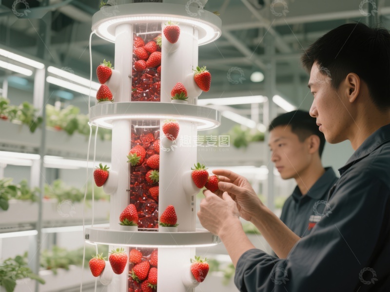 高清大图下载【趣麦麦图】室内农场工人检查垂直种植的草莓