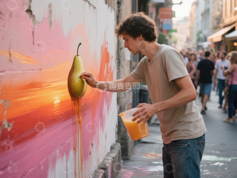 高清大图下载【趣麦麦图】街头艺术家创作梨形壁画