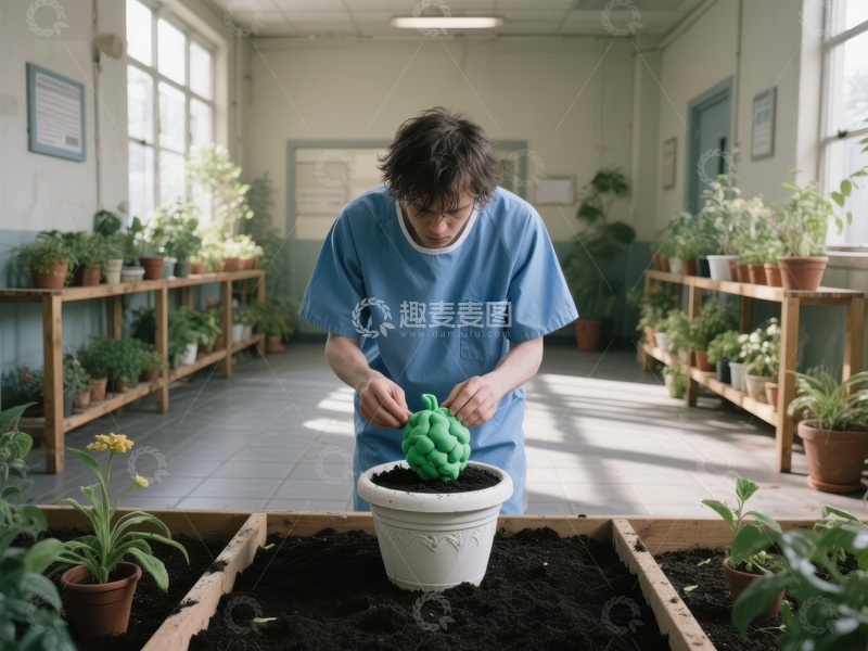 高清大图下载【趣麦麦图】室内园艺：专注种植的青年