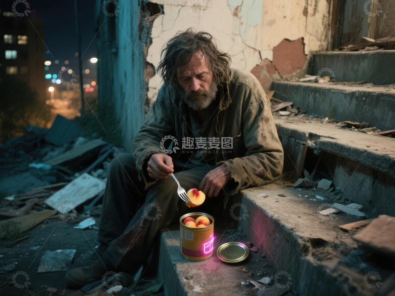 高清大图下载【趣麦麦图】流浪者在废墟中享用罐头食物