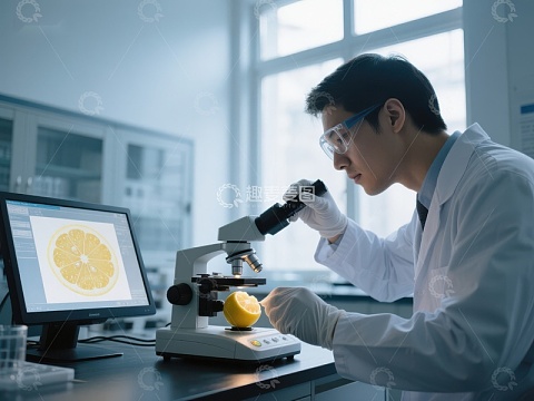 科学家在实验室用显微镜观察柠檬切片