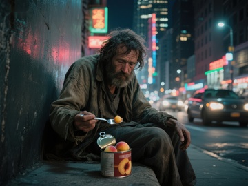 夜街角落，流浪者享用简单晚餐