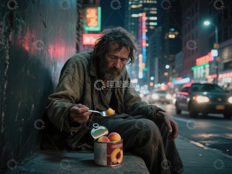 高清大图下载【趣麦麦图】夜街角落，流浪者享用简单晚餐