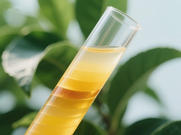 试管中的黄色液体与绿叶背景