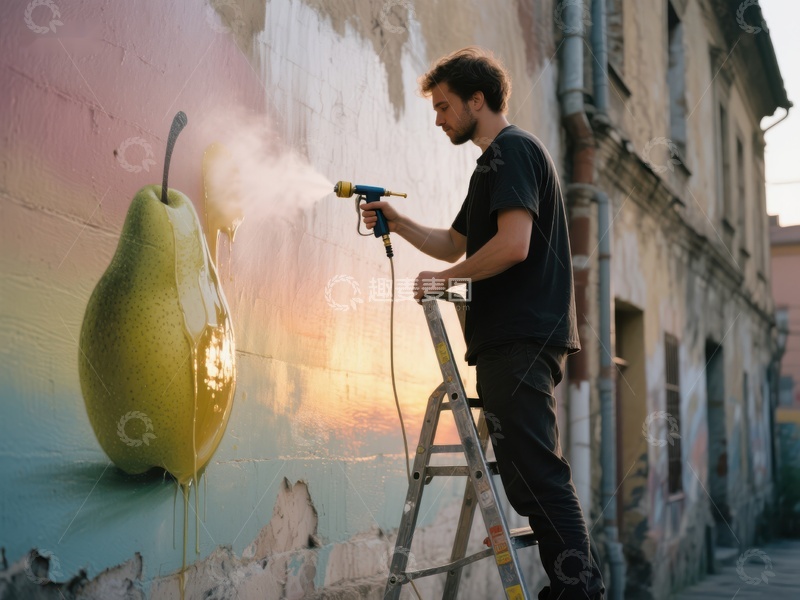 艺术家在墙上喷绘巨大梨子