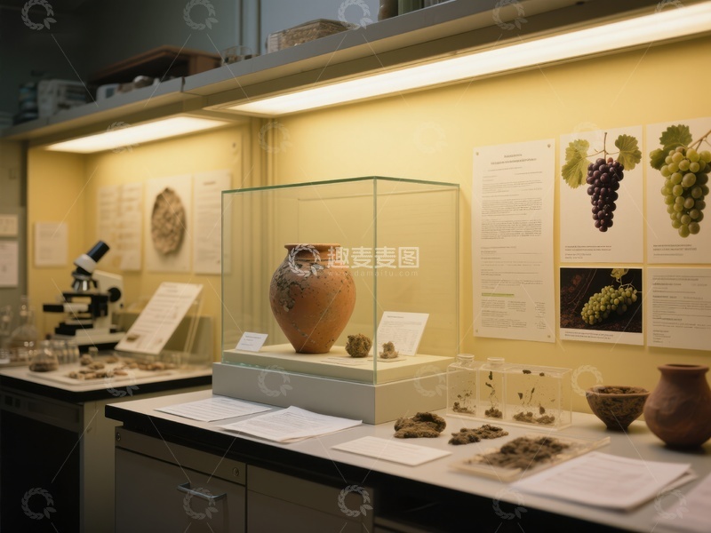 高清大图下载【趣麦麦图】-博物馆展柜展示陶器与葡萄标本