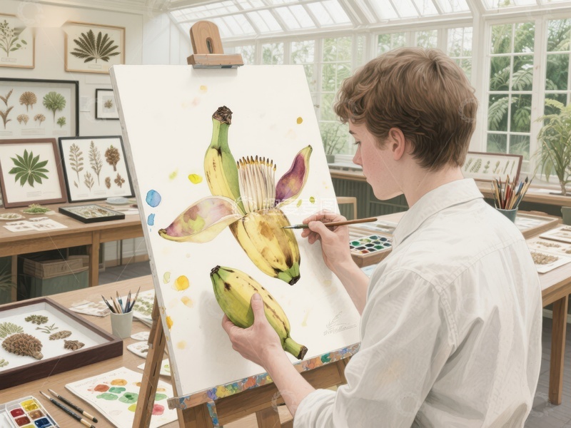 高清大图下载【趣麦麦图】青年画家绘制香蕉水彩画