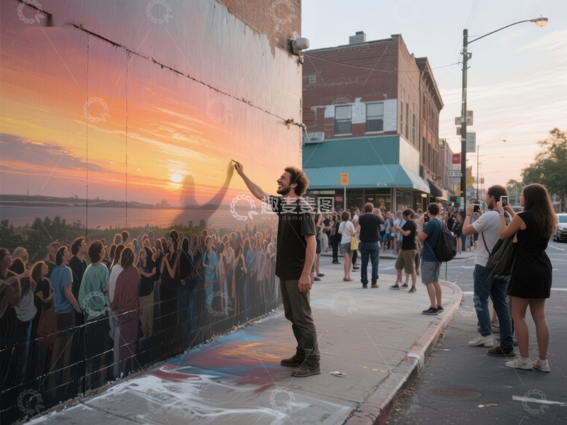 高清大图下载【趣麦麦图】男子在壁画前模仿姿势，吸引众人围观
