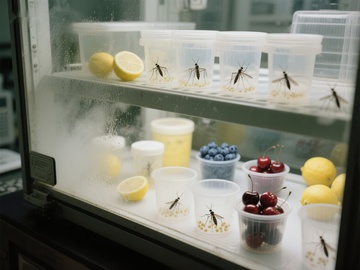 实验室冰箱内的昆虫样本与水果展示