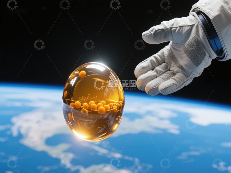 高清大图下载【趣麦麦图】宇航员手触金色液滴，地球背景