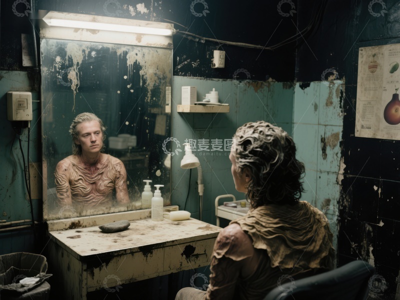 高清大图下载【趣麦麦图】破旧化妆间中的沉思人物