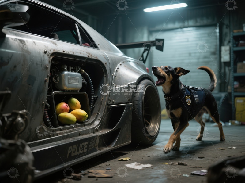 高清大图下载【趣麦麦图】警犬与改装警车在车库中