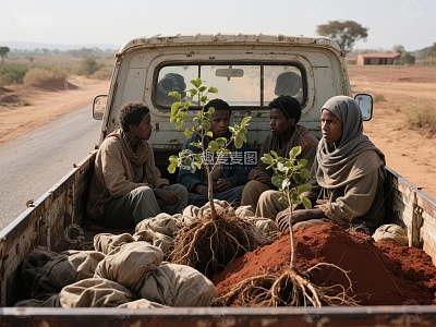 卡车后斗载着树苗与乘客