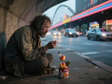 桥下男子用叉子吃水果