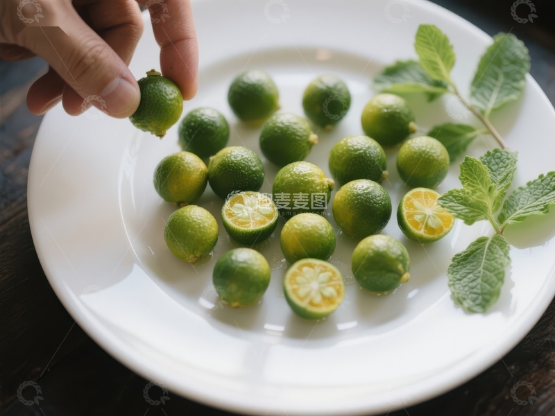 高清大图下载【趣麦麦图】新鲜青柠与薄荷叶的静物展示