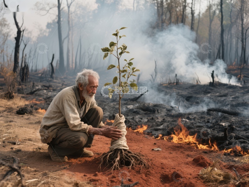 高清大图下载【趣麦麦图】火灾废墟中，老人手植新苗