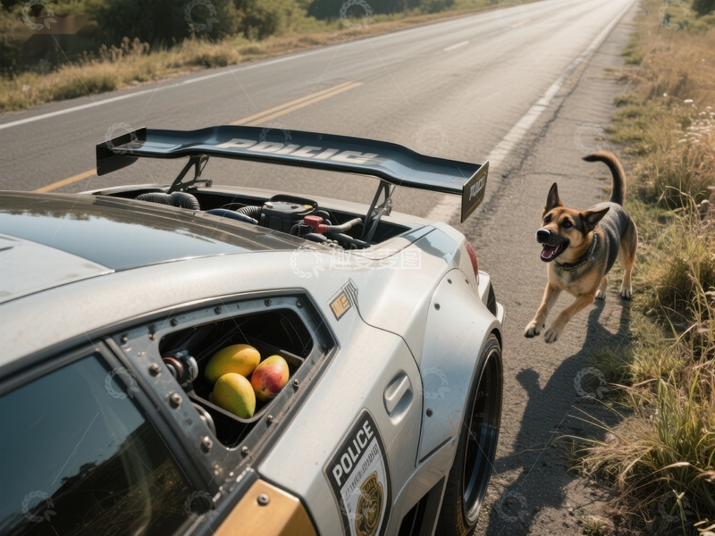 高清大图下载【趣麦麦图】警车与犬在公路旁