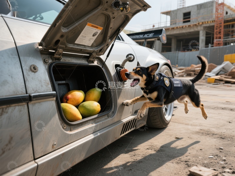 高清大图下载【趣麦麦图】警犬检查车辆后备箱中的水果