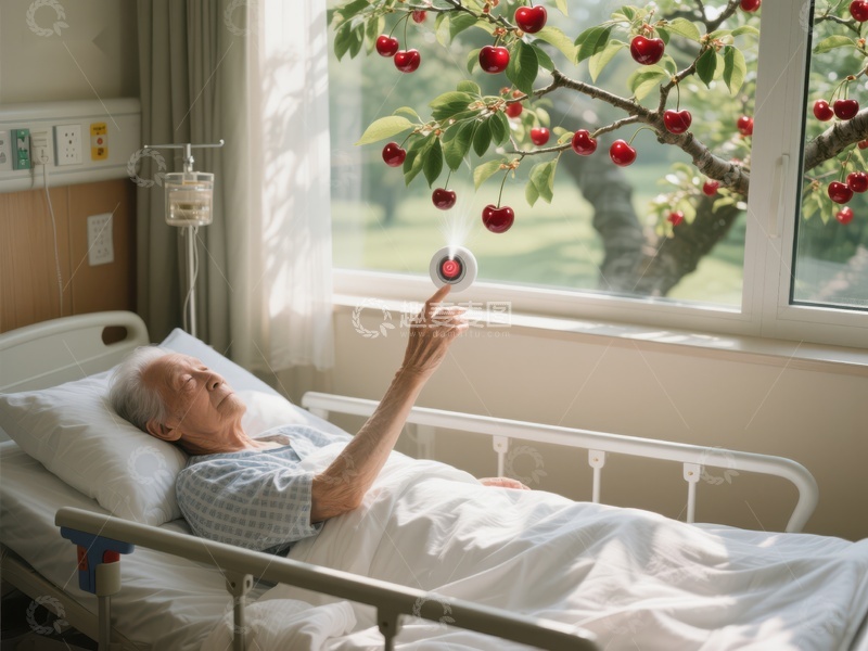 病床上的老人手握樱桃装饰