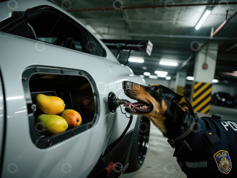 高清大图下载【趣麦麦图】警犬检查车辆油箱内的水果
