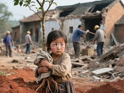 废墟中的小女孩紧抱树苗