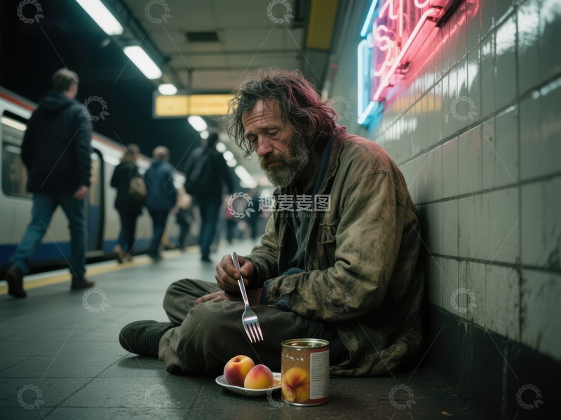 高清大图下载【趣麦麦图】地铁站内无家可归者用餐