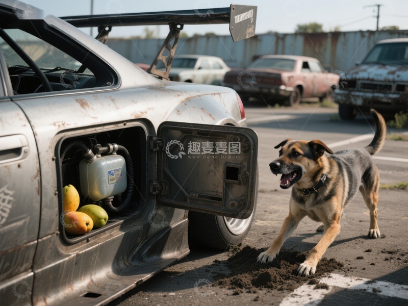 高清大图下载【趣麦麦图】破旧汽车旁的狗与水果