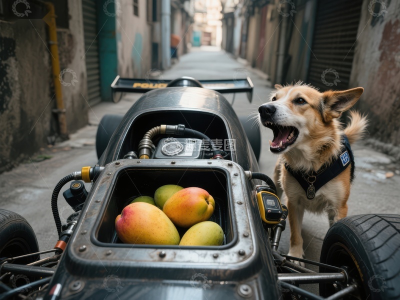 高清大图下载【趣麦麦图】赛车旁的狗狗与芒果