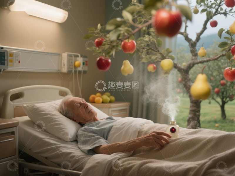 病床上的老人与窗外果树