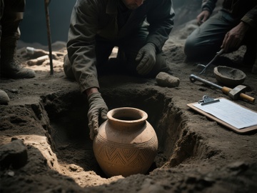 考古学家发掘古代陶罐