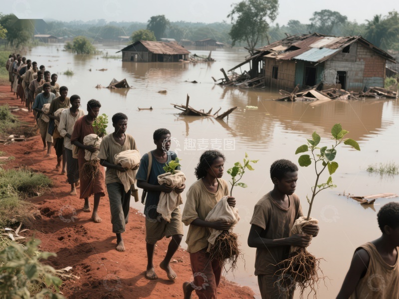 高清大图下载【趣麦麦图】洪水灾区民众携树苗撤离