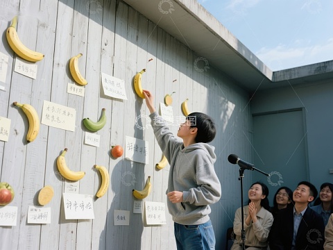 青年在墙上挂香蕉，众人围观