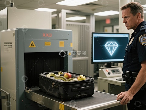 安检机扫描行李，屏幕显示钻石图标