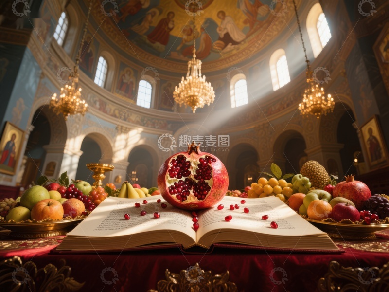 高清大图下载【趣麦麦图】教堂内圣书与水果的静谧场景