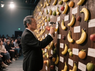 男子在墙上钉水果装饰