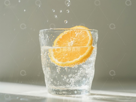 橙片落入气泡水中瞬间
