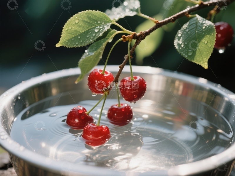 高清大图下载【趣麦麦图】樱桃枝垂入水盆，水珠闪烁